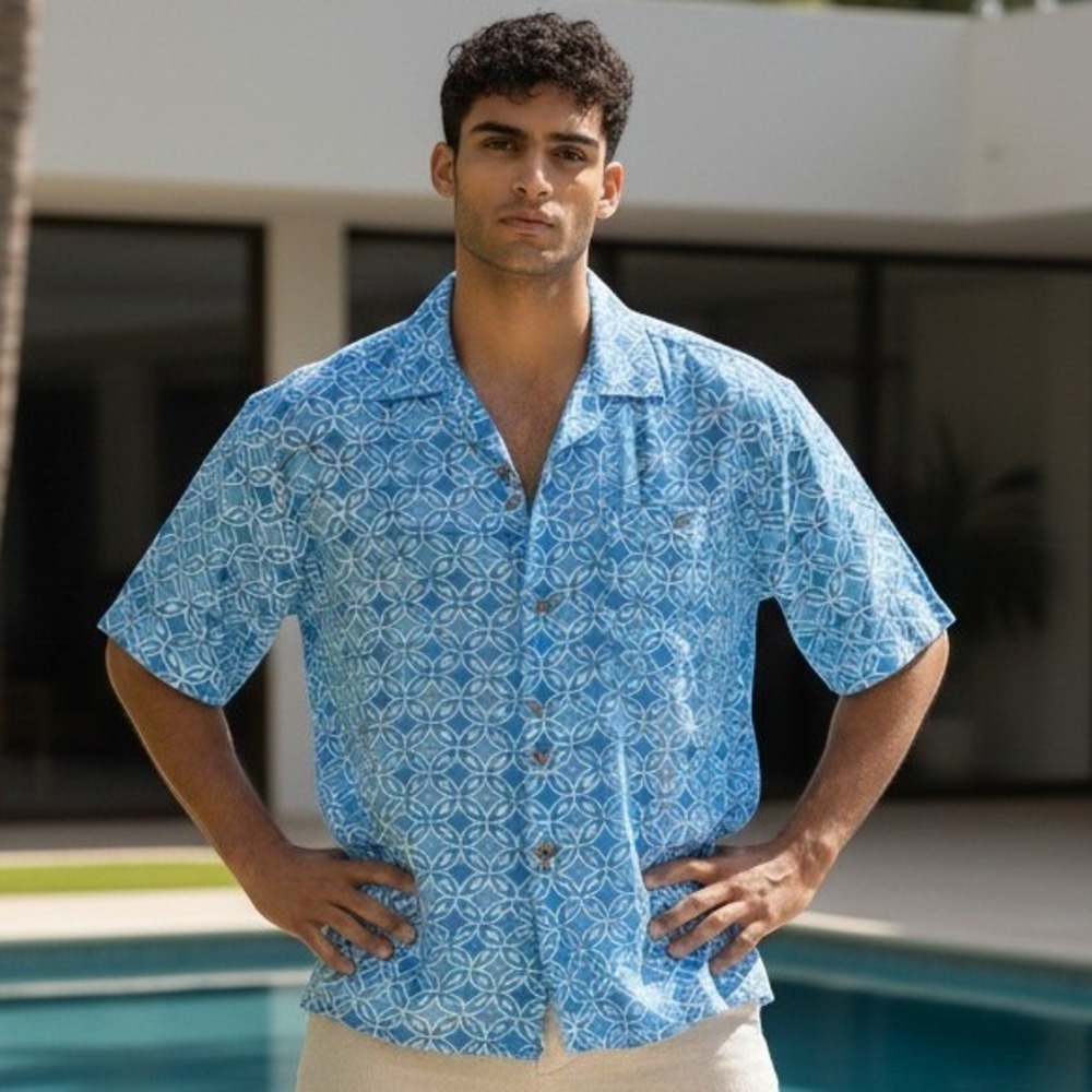 Vintage Mens XL Blue White Geometric Short Sleeve Button‎ Down Camp Cool Shirt